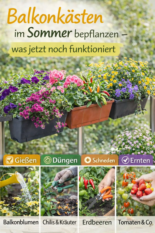 Sommerliche Balkonkästen am Geländer mit bunten, hitzetoleranten Blühpflanzen und Kräutern; frische Erde und Gießkanne sind zu sehen, im Hintergrund ein sonniger Balkon mit Grün.