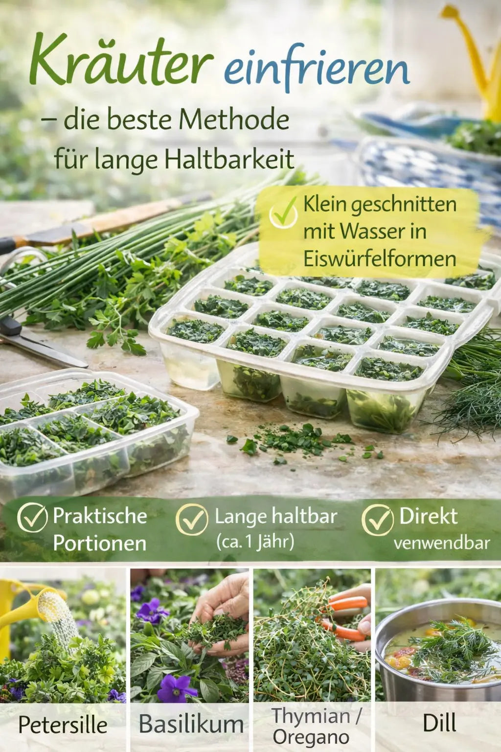 Kräuter werden klein geschnitten und portionsweise in Eiswürfelformen eingefroren; auf dem Tisch liegen frische Kräuterbündel, Messer und gefüllte Formen, unten Beispiele wie Petersilie, Basilikum, Thymian und Dill.
