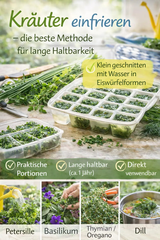 Kräuter werden klein geschnitten und portionsweise in Eiswürfelformen eingefroren; auf dem Tisch liegen frische Kräuterbündel, Messer und gefüllte Formen, unten Beispiele wie Petersilie, Basilikum, Thymian und Dill.
