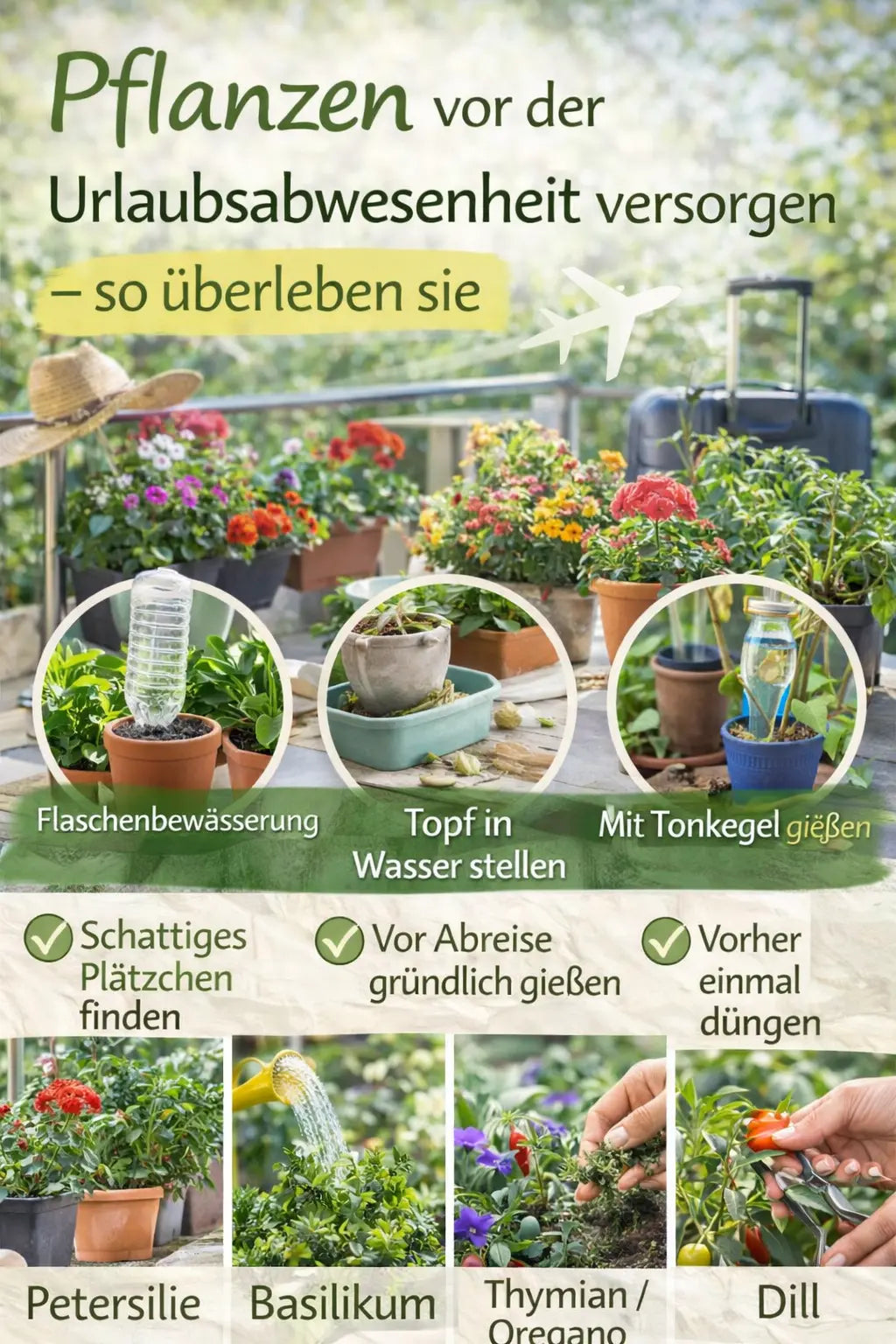 Balkon mit vielen Töpfen und Blumen vor dem Urlaub: Beispiele für Bewässerung mit umgedrehter Flasche, Topf in Wasserschale und Tonkegel; daneben Gießkanne und Hinweise zum Schattieren und gründlichen Gießen vor der Abreise.