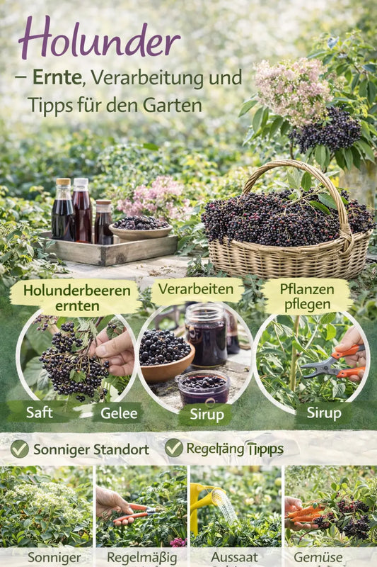 Holunderbeeren und Blüten im Garten: Korb mit geernteten Holunderbeeren, daneben Flaschen und Gläser für Saft, Sirup oder Gelee; kleine Bilder zeigen Ernte am Strauch und Pflegeschritte wie Rückschnitt.