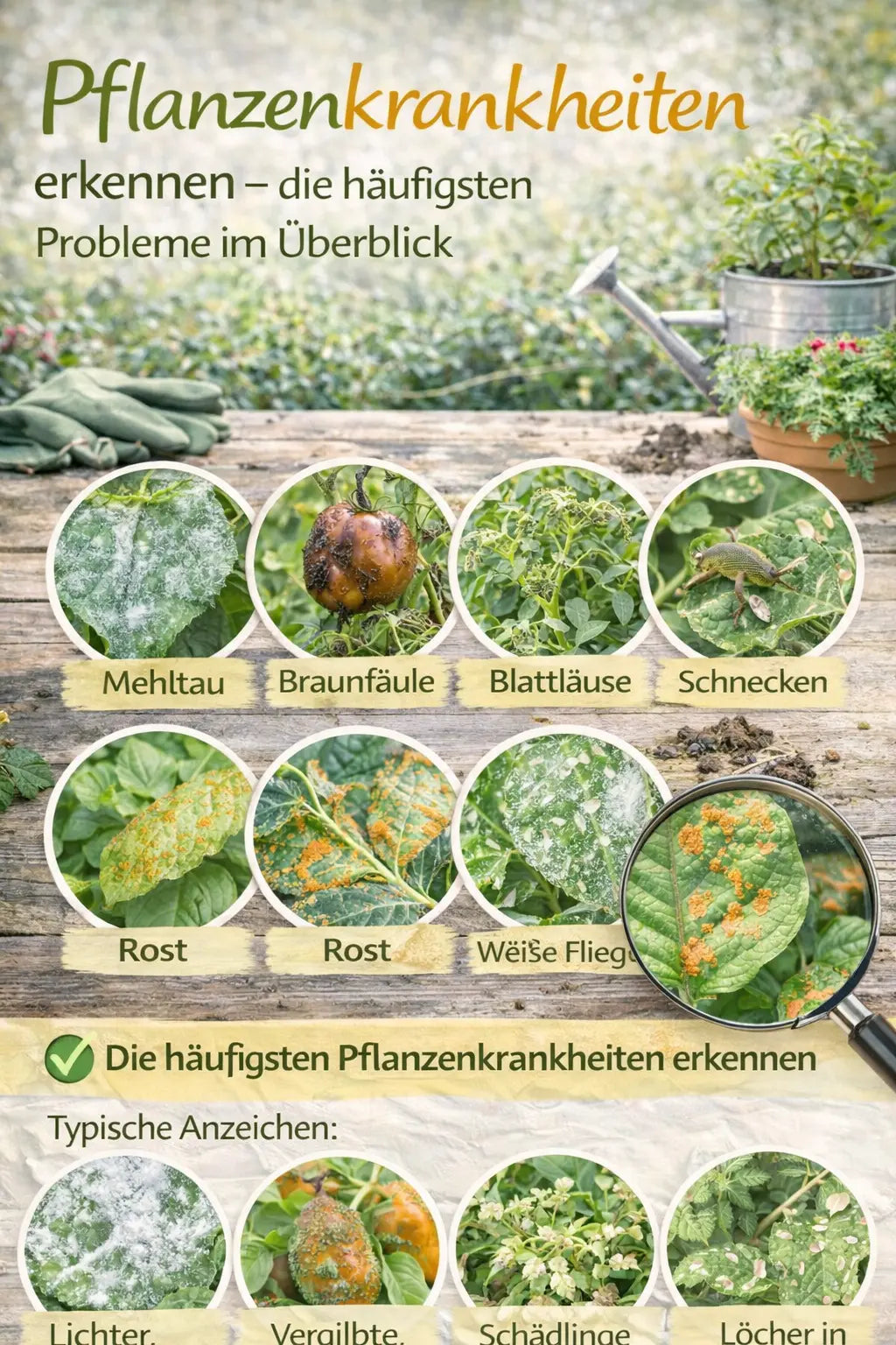 Infografik zur Erkennung von Pflanzenkrankheiten: mehrere Nahaufnahmen von Blättern und Früchten mit Symptomen wie Mehltau, Braunfäule, Blattläusen, Schneckenfraß und Rost; daneben Gartenhandschuhe, Gießkanne und Lupe auf einem Holztisch.