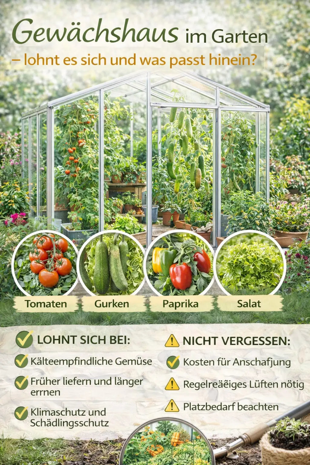 Gewächshaus im Garten mit Tomaten- und Gurkenpflanzen, Paprika und Kräutern in Töpfen; darunter kleine Bildausschnitte zeigen Tomaten, Gurken, Paprika und Salat sowie kurze Hinweise zu Vorteilen und wichtigen Punkten wie Lüften und Platzbedarf.