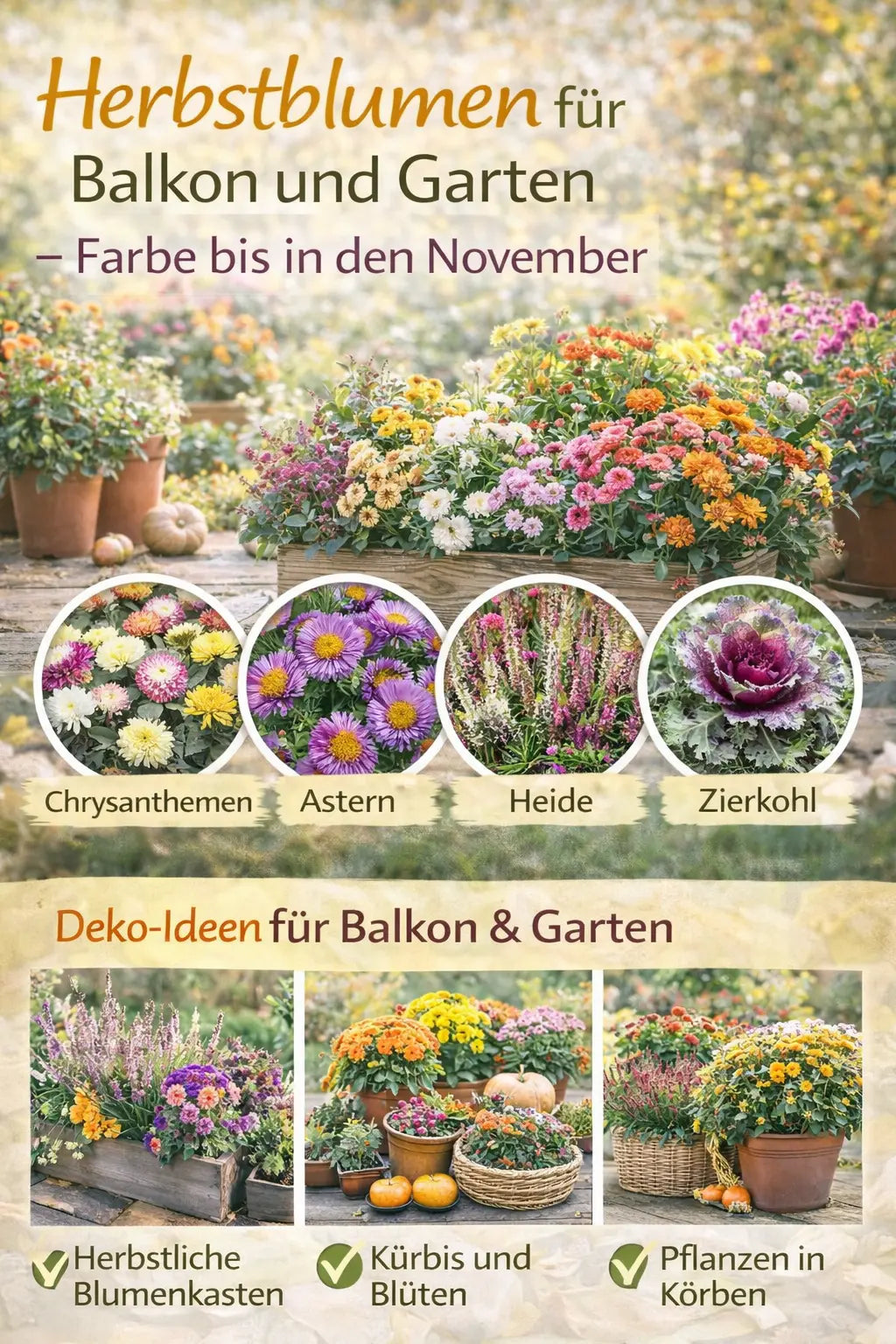Herbstlich bepflanzter Balkon oder Garten mit bunten Blumen in Kästen und Töpfen; zusätzlich kleine Bilder zeigen Chrysanthemen, Astern, Heide und Zierkohl sowie Dekoideen mit Körben und Kürbissen für Farbe bis in den November.