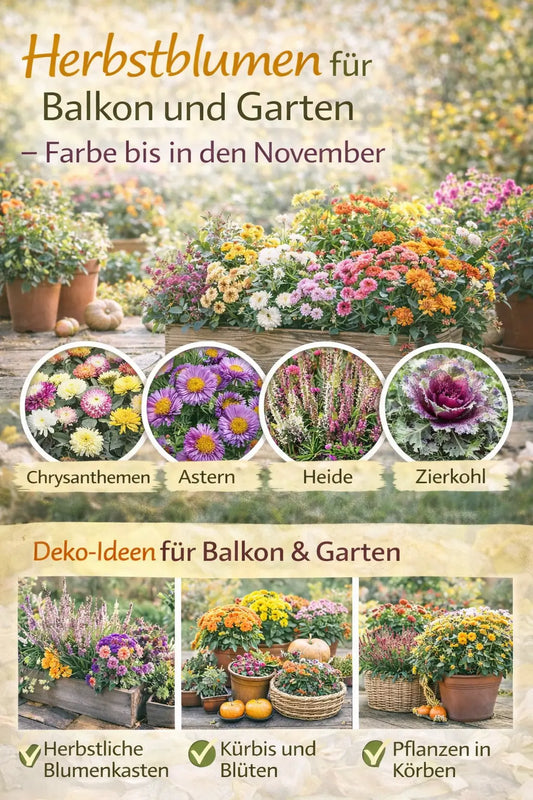 Herbstlich bepflanzter Balkon oder Garten mit bunten Blumen in Kästen und Töpfen; zusätzlich kleine Bilder zeigen Chrysanthemen, Astern, Heide und Zierkohl sowie Dekoideen mit Körben und Kürbissen für Farbe bis in den November.