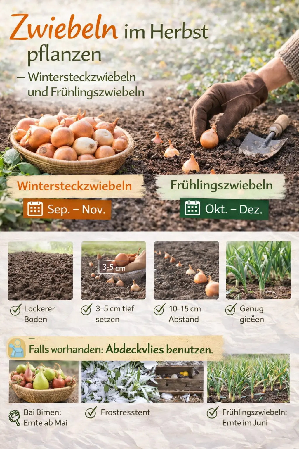Hände setzen Steckzwiebeln in ein Beet im Herbst; daneben Korb mit kleinen Zwiebeln und Schaufel. Infografik zeigt Pflanzzeiten für Wintersteckzwiebeln und Frühlingszwiebeln sowie Tipps zu Pflanztiefe, Abstand, Boden und Gießen.