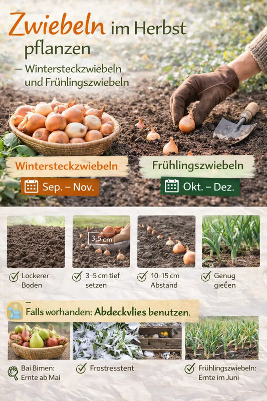 Hände setzen Steckzwiebeln in ein Beet im Herbst; daneben Korb mit kleinen Zwiebeln und Schaufel. Infografik zeigt Pflanzzeiten für Wintersteckzwiebeln und Frühlingszwiebeln sowie Tipps zu Pflanztiefe, Abstand, Boden und Gießen.