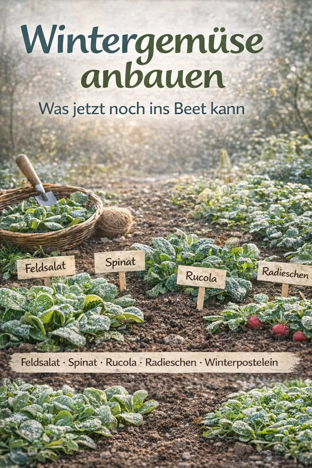 Winterliches Gemüsebeet mit leicht bereiften Pflanzen; kleine Schilder markieren Feldsalat, Spinat, Rucola und Radieschen, im Hintergrund Gartenwerkzeug und weiches Winterlicht.