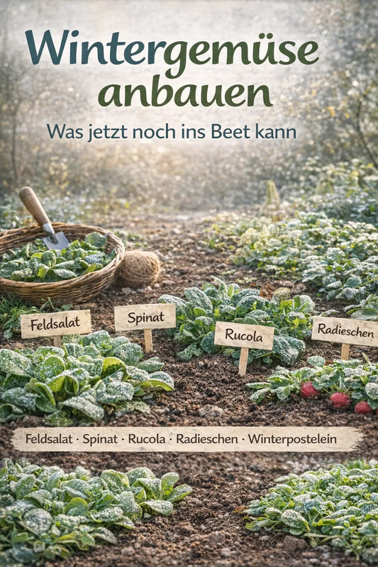 Winterliches Gemüsebeet mit leicht bereiften Pflanzen; kleine Schilder markieren Feldsalat, Spinat, Rucola und Radieschen, im Hintergrund Gartenwerkzeug und weiches Winterlicht.