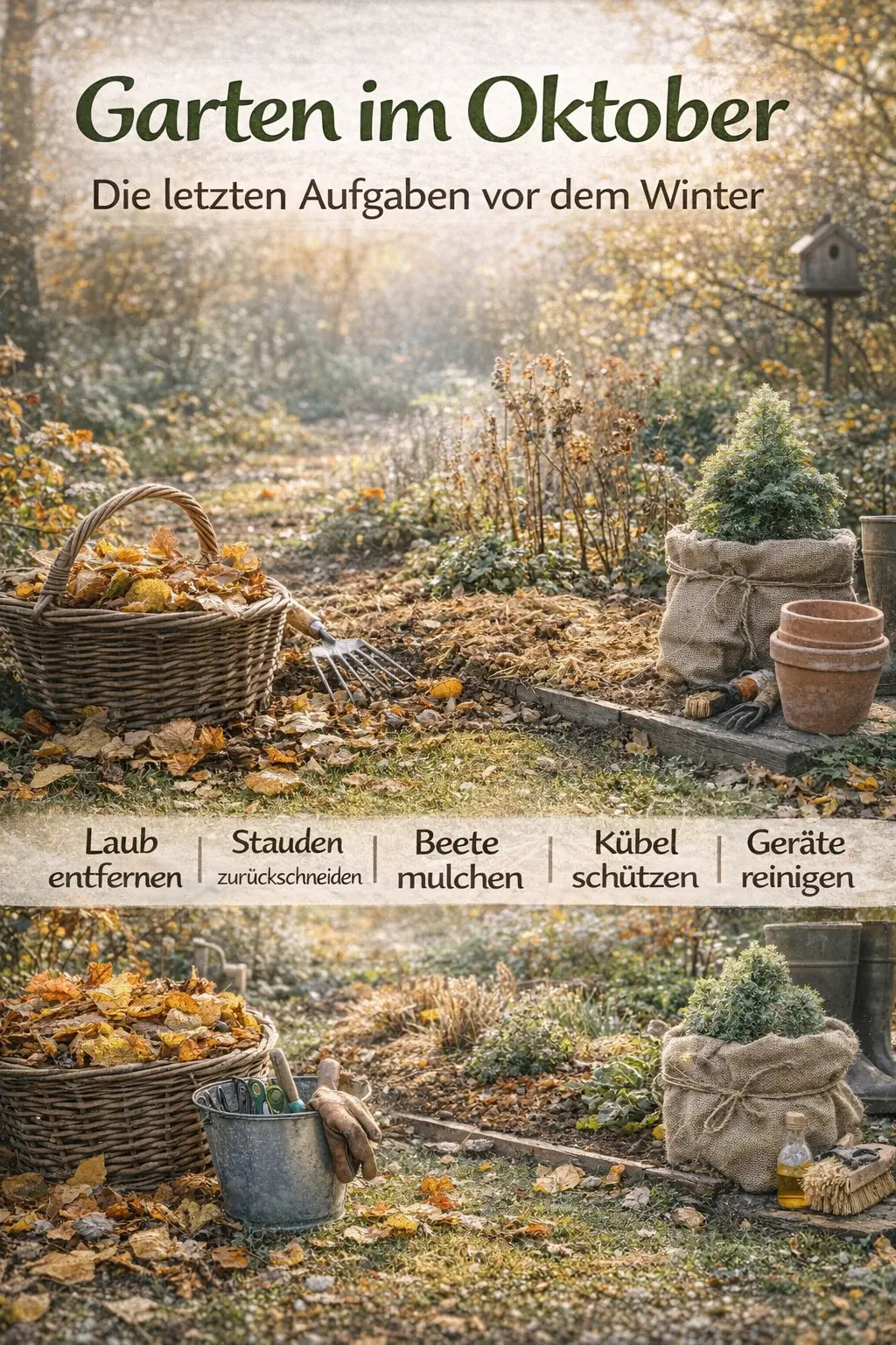Herbstlicher Garten im Oktober mit Laub, Rechen und Laubkorb; Beete sind gemulcht, Stauden stehen zum Rückschnitt bereit, daneben geschützte Kübelpflanze, Töpfe und gereinigte Gartenwerkzeuge im warmen Herbstlicht.