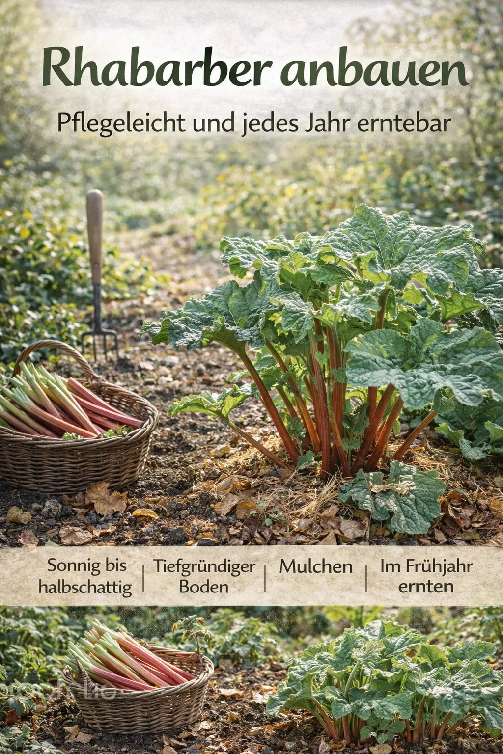 Rhabarberpflanze wächst im Beet mit großen grünen Blättern und roten Stielen; daneben steht ein Korb mit geernteten Rhabarberstangen, im Hintergrund Gartenwerkzeug und sonniges Tageslicht.