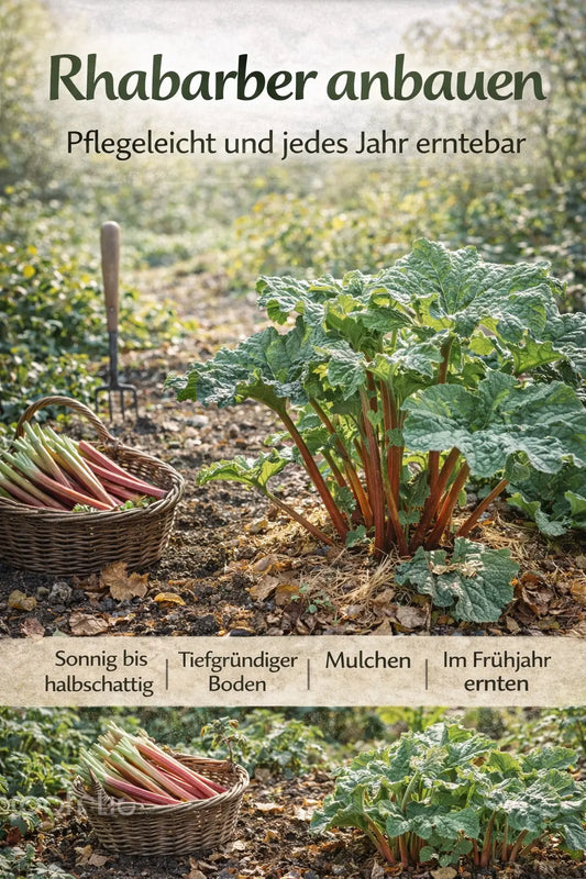 Rhabarberpflanze wächst im Beet mit großen grünen Blättern und roten Stielen; daneben steht ein Korb mit geernteten Rhabarberstangen, im Hintergrund Gartenwerkzeug und sonniges Tageslicht.