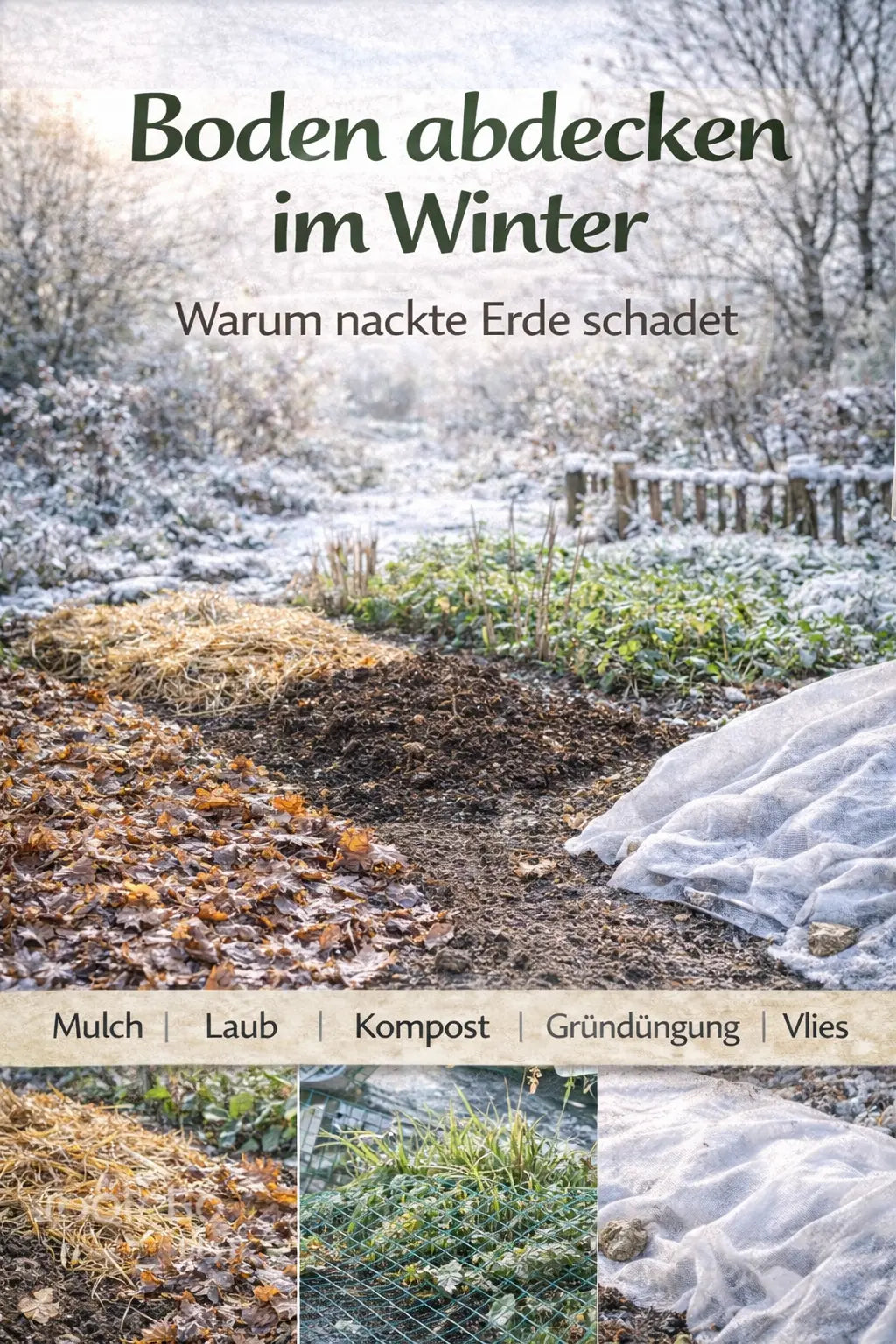 Winterliches Beet mit verschiedenen Bodenabdeckungen: links Mulch und Laub, in der Mitte Kompost und Gründüngung, rechts liegt Gartenvlies über der Erde; im Hintergrund verschneiter Garten mit kahlen Bäumen.