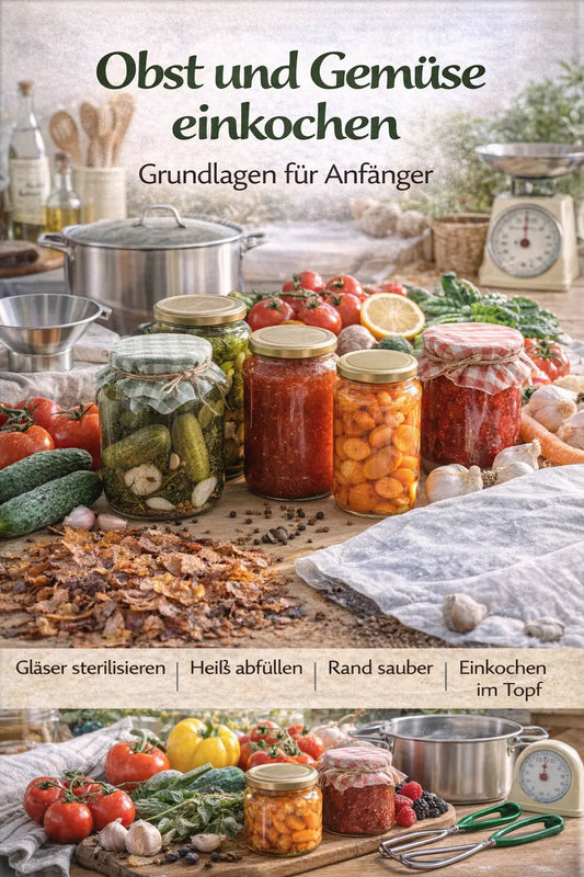 Küchentisch mit Einmachgläsern voller eingelegtem Gemüse und Obst; daneben Topf, Trichter und frische Zutaten wie Tomaten, Gurken, Karotten und Knoblauch, im Hintergrund Küchenwaage und Kräuter