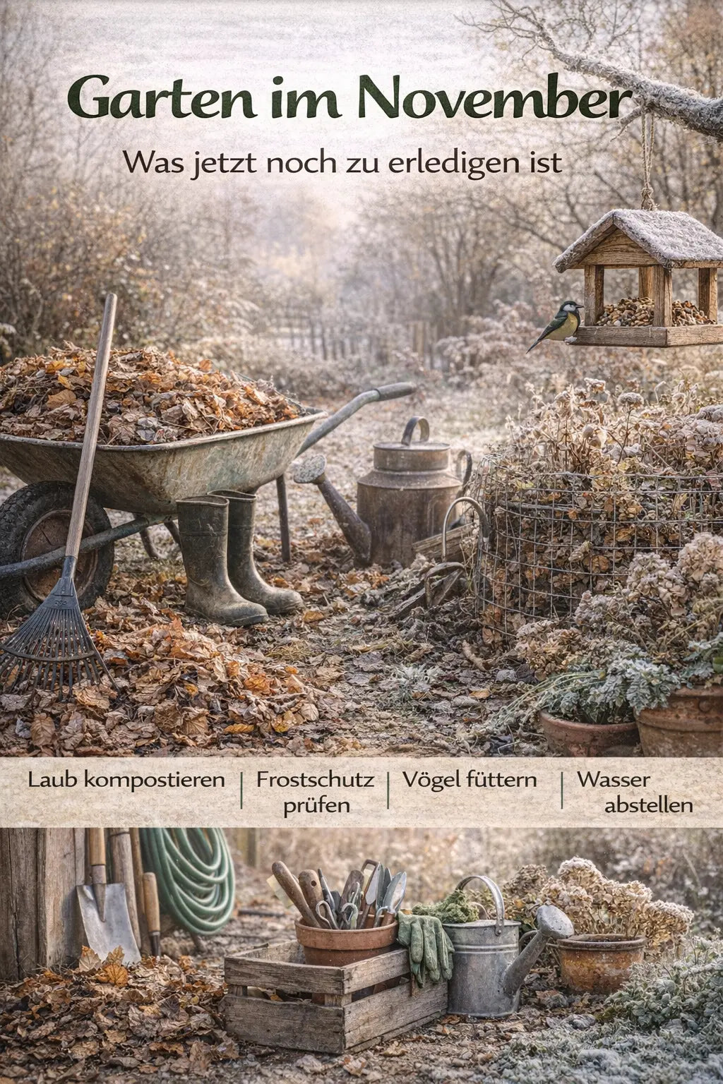 Spätherbstlicher Garten im November mit Laub in Schubkarre, Rechen, Gießkanne und Gummistiefeln; im Hintergrund Komposthaufen und Vogelhäuschen, daneben Werkzeugkiste zum Einlagern und erste Frostspuren auf Pflanzen.