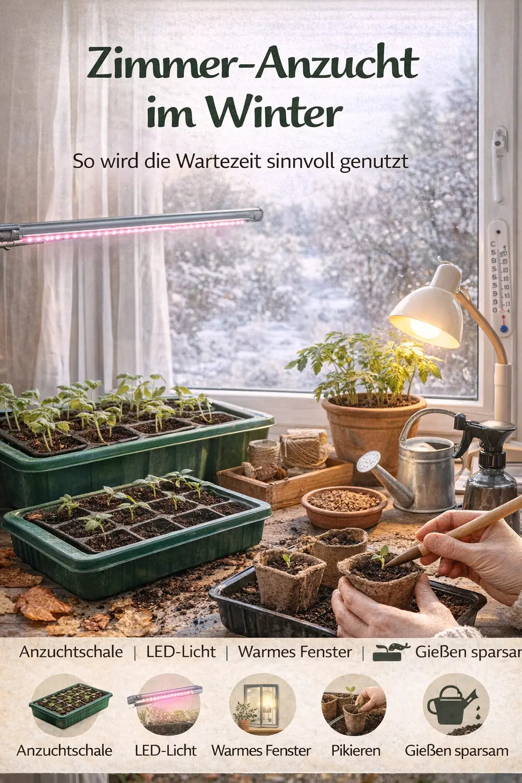 Fensterbank im Winter mit Anzuchtschalen voller Keimlinge; LED-Pflanzenlicht und Schreibtischlampe beleuchten die Jungpflanzen, daneben Gießkanne, Sprühflasche und Töpfe, während Hände Setzlinge vorsichtig pikieren.