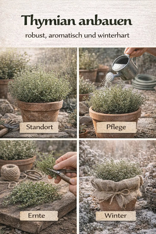 Thymian anbauen mit Standort, Pflege, Ernte und Winterschutz in einer magazinartigen Bildcollage.