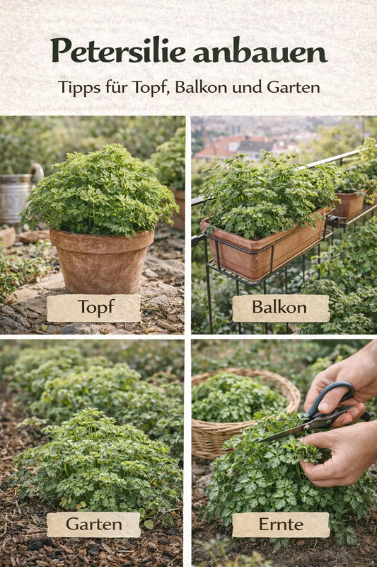 Petersilie anbauen mit Tipps für Topf, Balkon, Garten und Ernte in einer magazinartigen Bildcollage.
