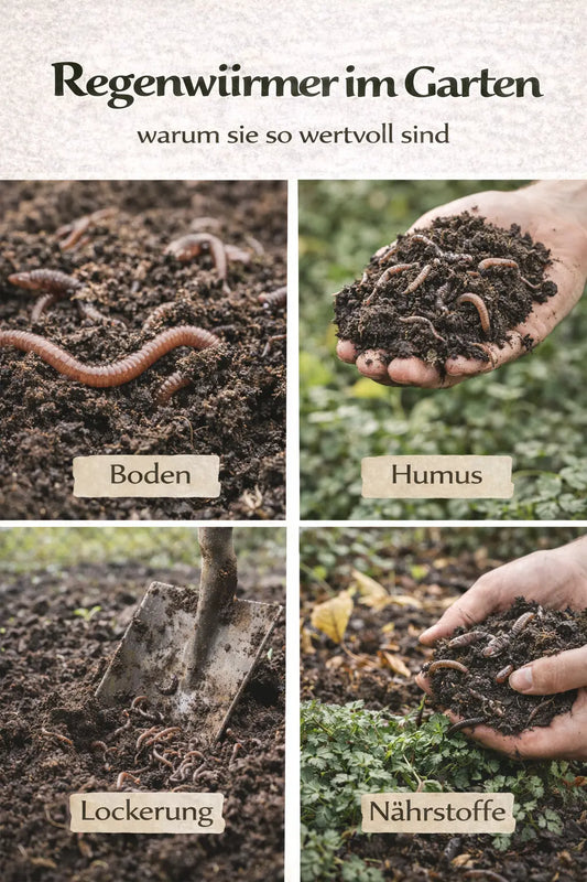 Regenwürmer im Garten mit Boden, Humus, Lockerung und Nährstoffen in einer magazinartigen Bildcollage.