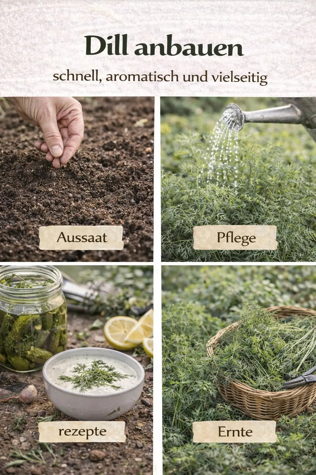 Dill anbauen mit Aussaat, Pflege, Rezeptideen und Ernte in einer magazinartigen Bildcollage.