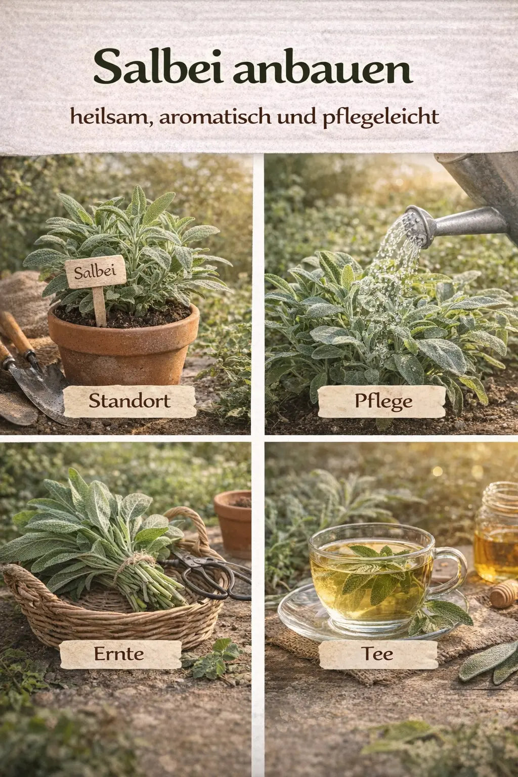 Salbei anbauen mit Standort, Pflege, Ernte und Verwendung als Tee in einer magazinartigen Bildcollage.