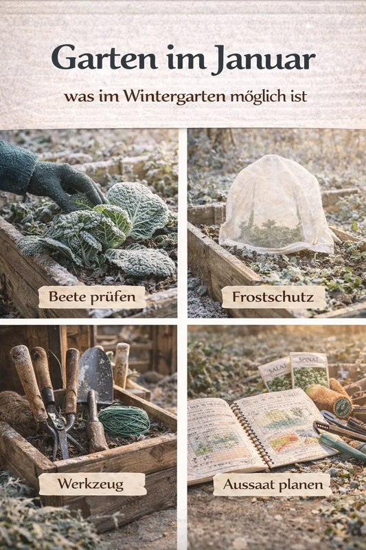 Garten im Januar mit Beete prüfen, Frostschutz, Werkzeugpflege und Aussaat planen in einer magazinartigen Bildcollage.