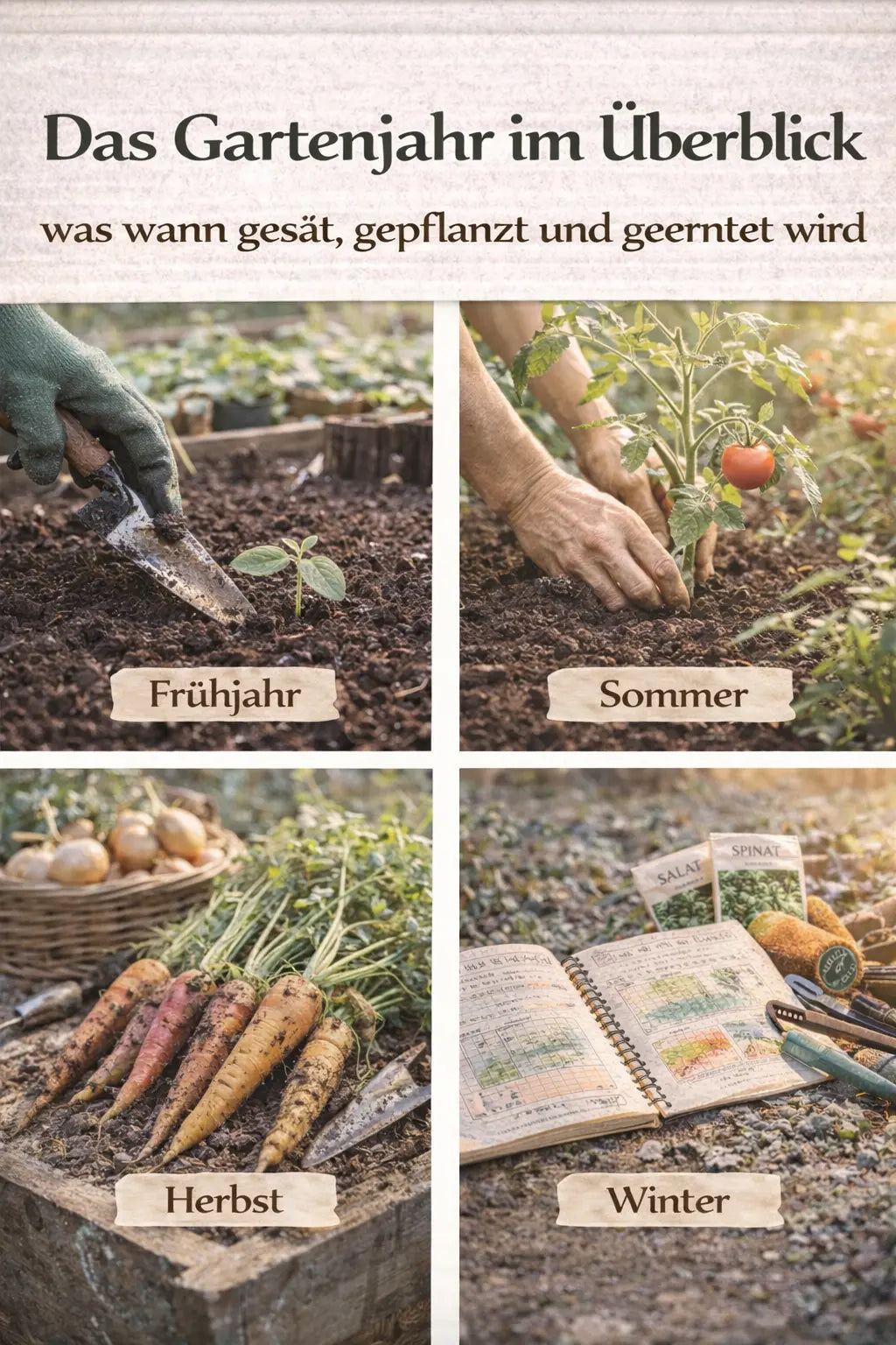 Das Gartenjahr im Überblick mit Frühjahr, Sommer, Herbst und Winter in einer magazinartigen Bildcollage.