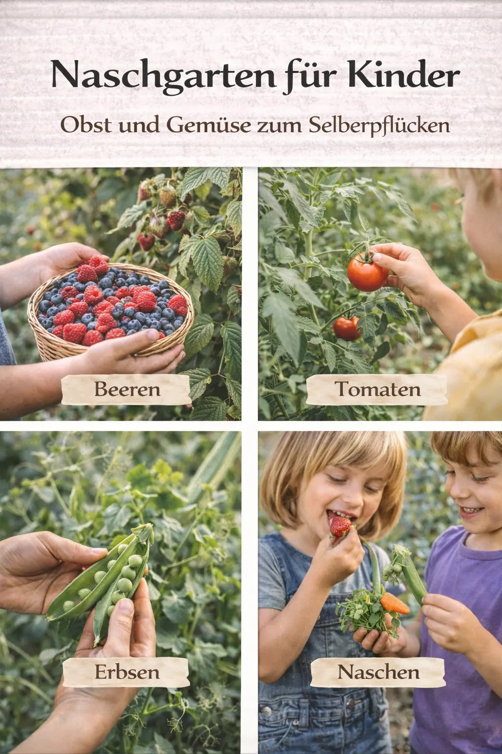 Naschgarten für Kinder mit Beeren, Tomaten, Erbsen und Naschen in einer magazinartigen Bildcollage.