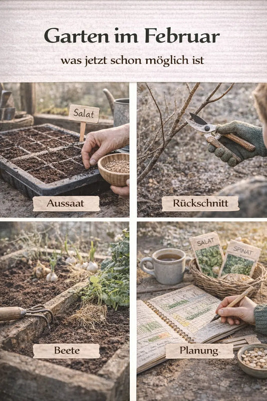 Garten im Februar mit Aussaat, Rückschnitt, Beetpflege und Planung in einer magazinartigen Bildcollage.