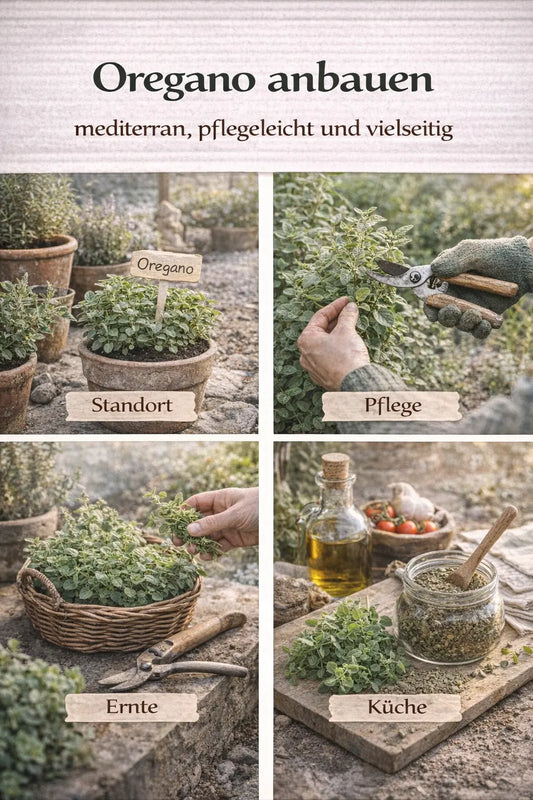 Oregano anbauen mit Standort, Pflege, Ernte und Verwendung in der Küche in einer magazinartigen Bildcollage.