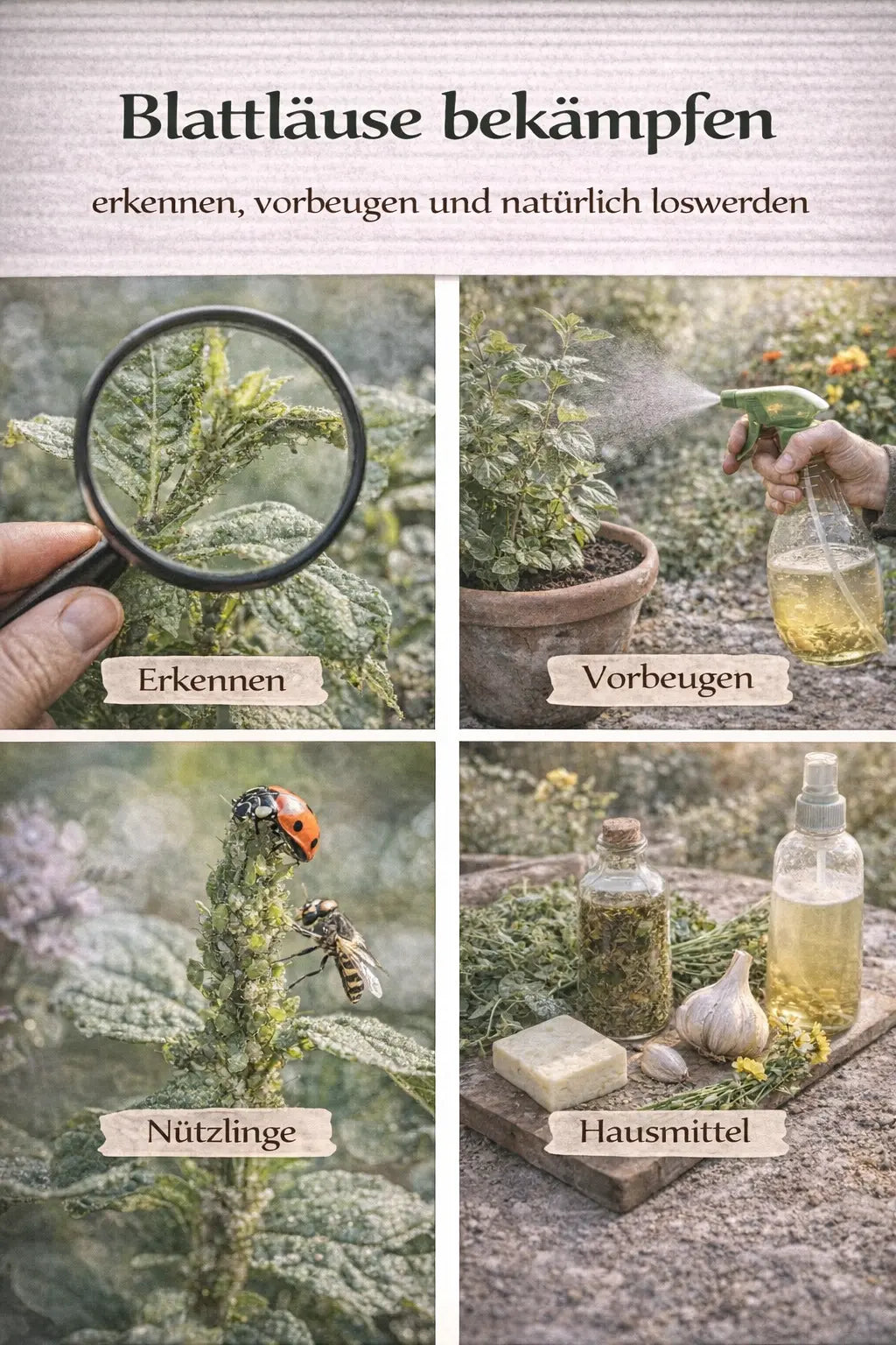 Blattläuse bekämpfen mit Erkennen, Vorbeugen, Nützlingen und Hausmitteln in einer magazinartigen Bildcollage.