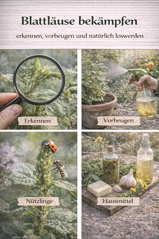 Blattläuse bekämpfen mit Erkennen, Vorbeugen, Nützlingen und Hausmitteln in einer magazinartigen Bildcollage.