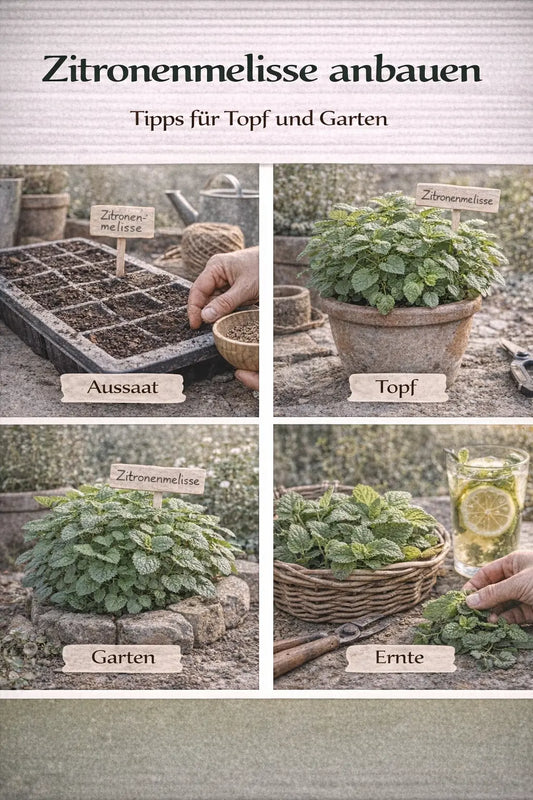 Zitronenmelisse anbauen mit Aussaat, Topfkultur, Gartenbeet und Ernte in einer magazinartigen Bildcollage.