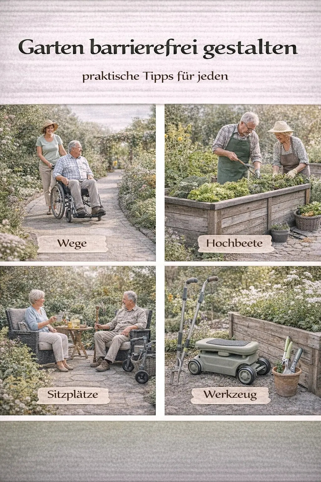 Barrierefreien Garten gestalten mit breiten Wegen, Hochbeeten, Sitzplätzen und ergonomischem Werkzeug in einer magazinartigen Bildcollage.