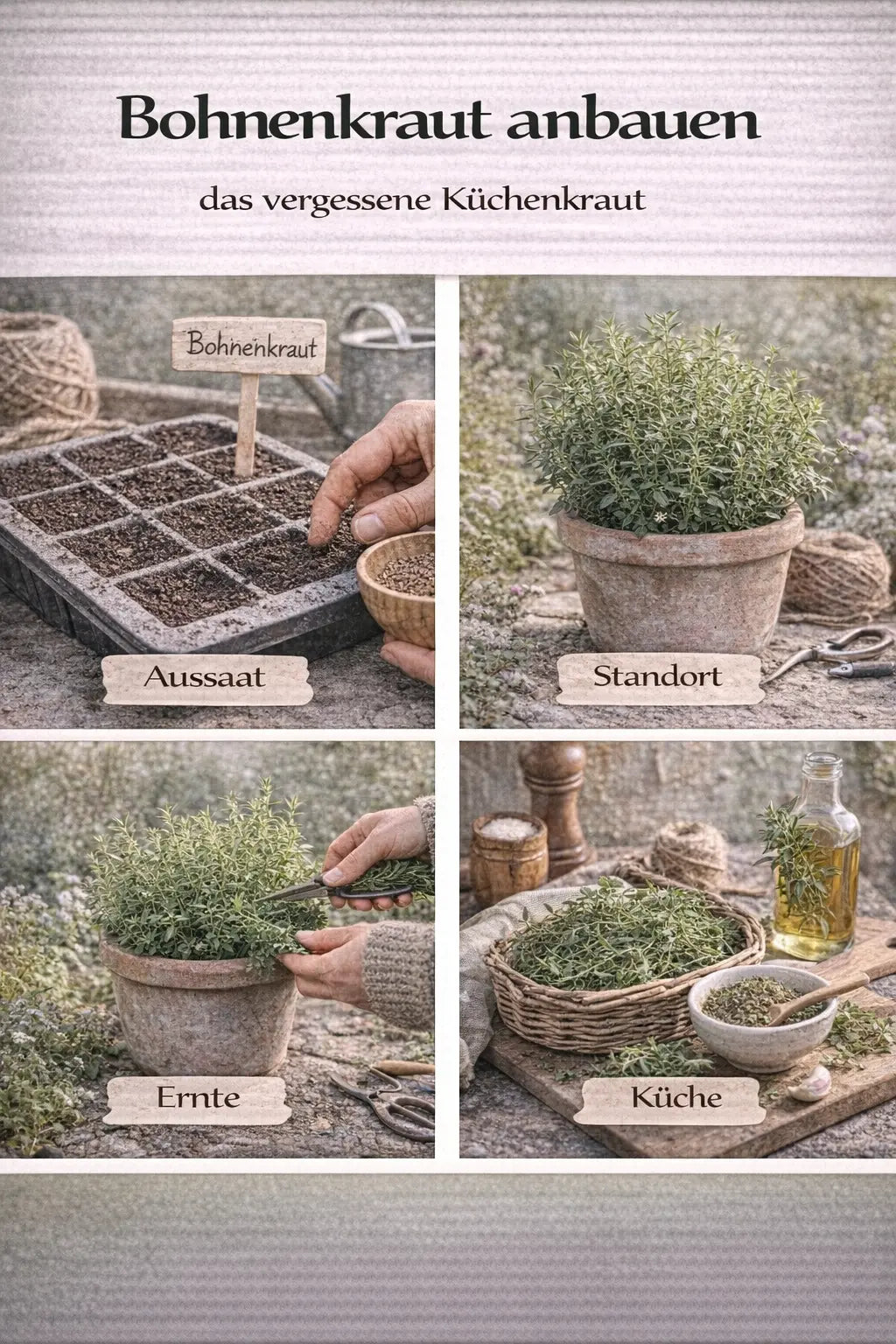 Bohnenkraut anbauen mit Aussaat, Standort, Ernte und Verwendung in der Küche in einer magazinartigen Bildcollage.