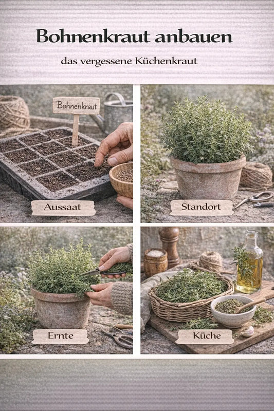 Bohnenkraut anbauen mit Aussaat, Standort, Ernte und Verwendung in der Küche in einer magazinartigen Bildcollage.