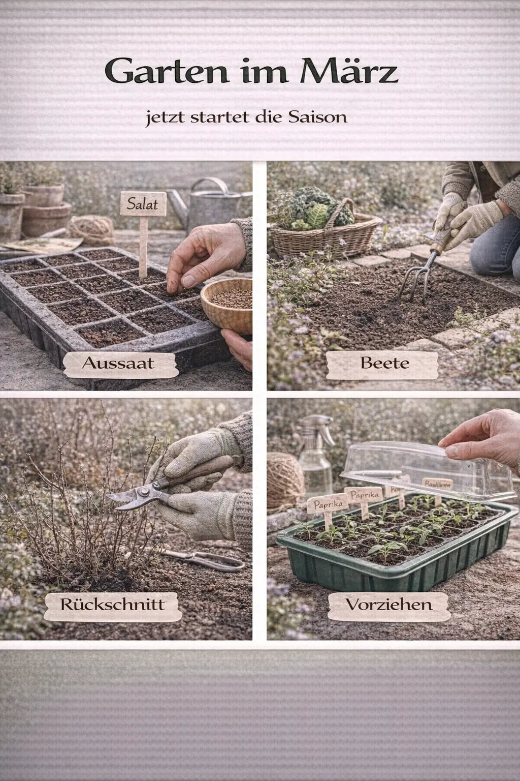 Garten im März mit Aussaat, Beetpflege, Rückschnitt und Vorziehen in einer magazinartigen Bildcollage.