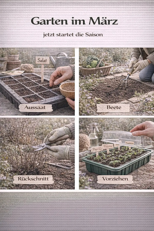 Garten im März mit Aussaat, Beetpflege, Rückschnitt und Vorziehen in einer magazinartigen Bildcollage.