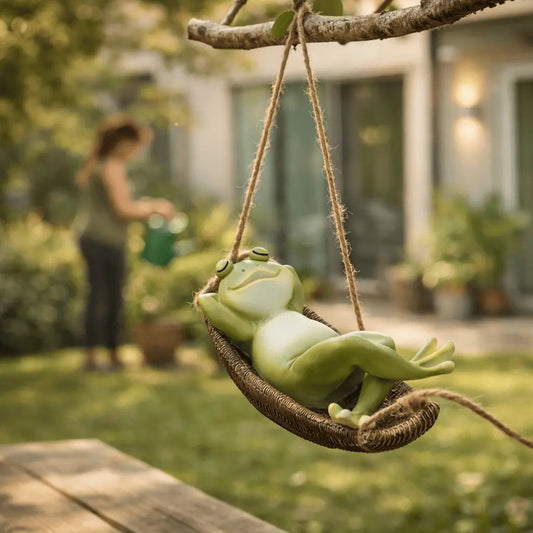 Hängende Froschfigur in Hängematte lustige Gartendeko aus Kunstharz