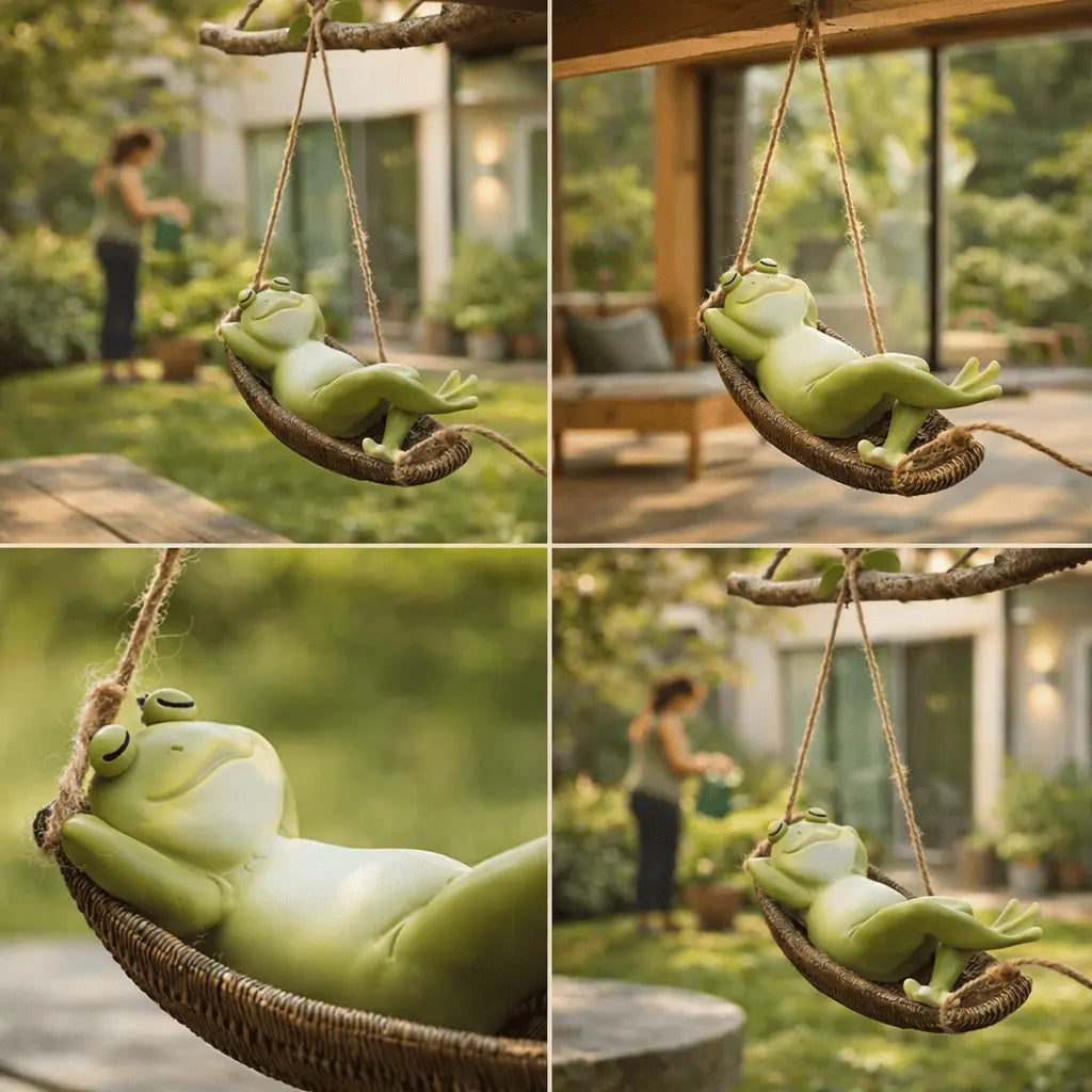 Hängende Froschfigur in Hängematte lustige Gartendeko aus Kunstharz