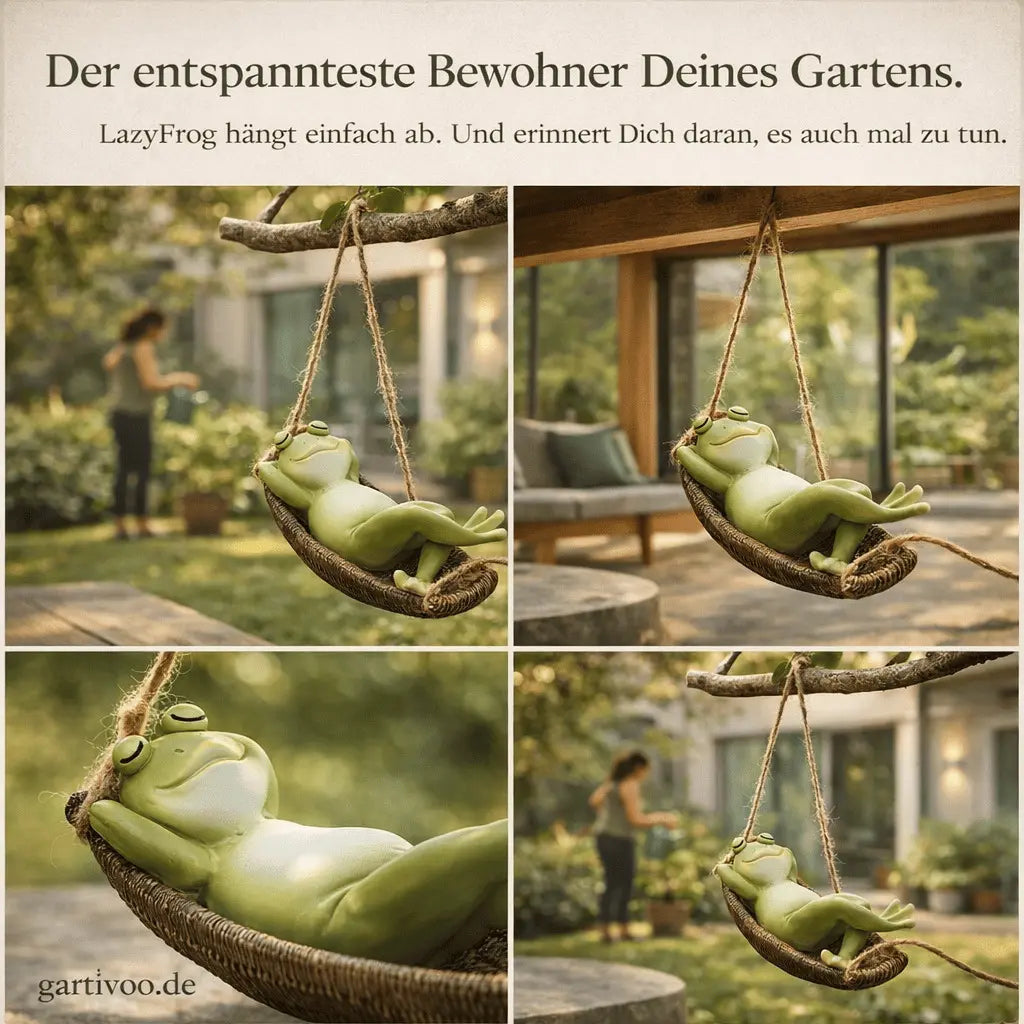 Hängende Froschfigur in Hängematte lustige Gartendeko aus Kunstharz